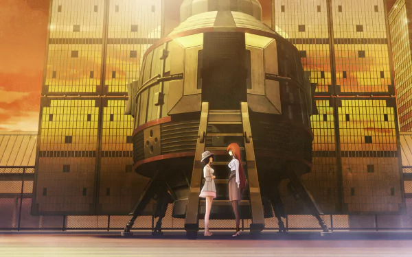 HD anime desktop wallpaper featuring Mayuri Shiina and Kagari Shiina from Steins;Gate standing in front of a futuristic, domed structure against a golden city backdrop.