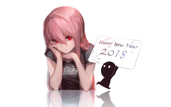 HD desktop wallpaper featuring original anime art of a character with pink hair and red eyes, holding a Happy New Year 2018 sign.