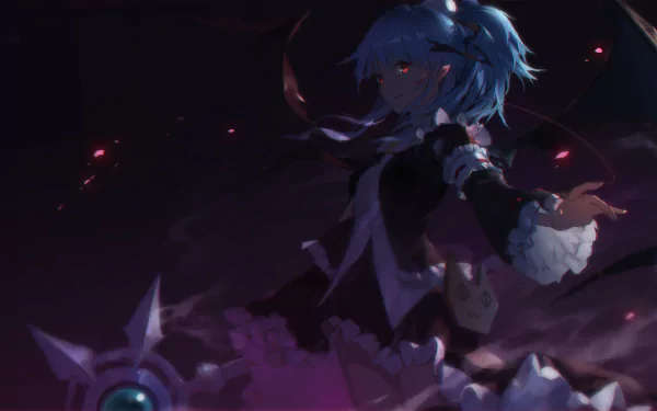 HD desktop wallpaper featuring an anime girl with blue hair and glowing red eyes, surrounded by dark, mystical elements.