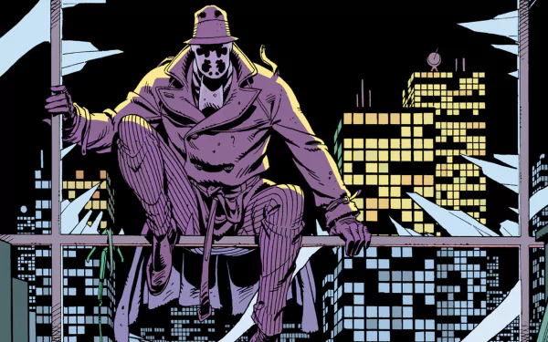 HD PC desktop wallpaper featuring Rorschach from the Watchmen comic, perched on a window frame against a nighttime city skyline.