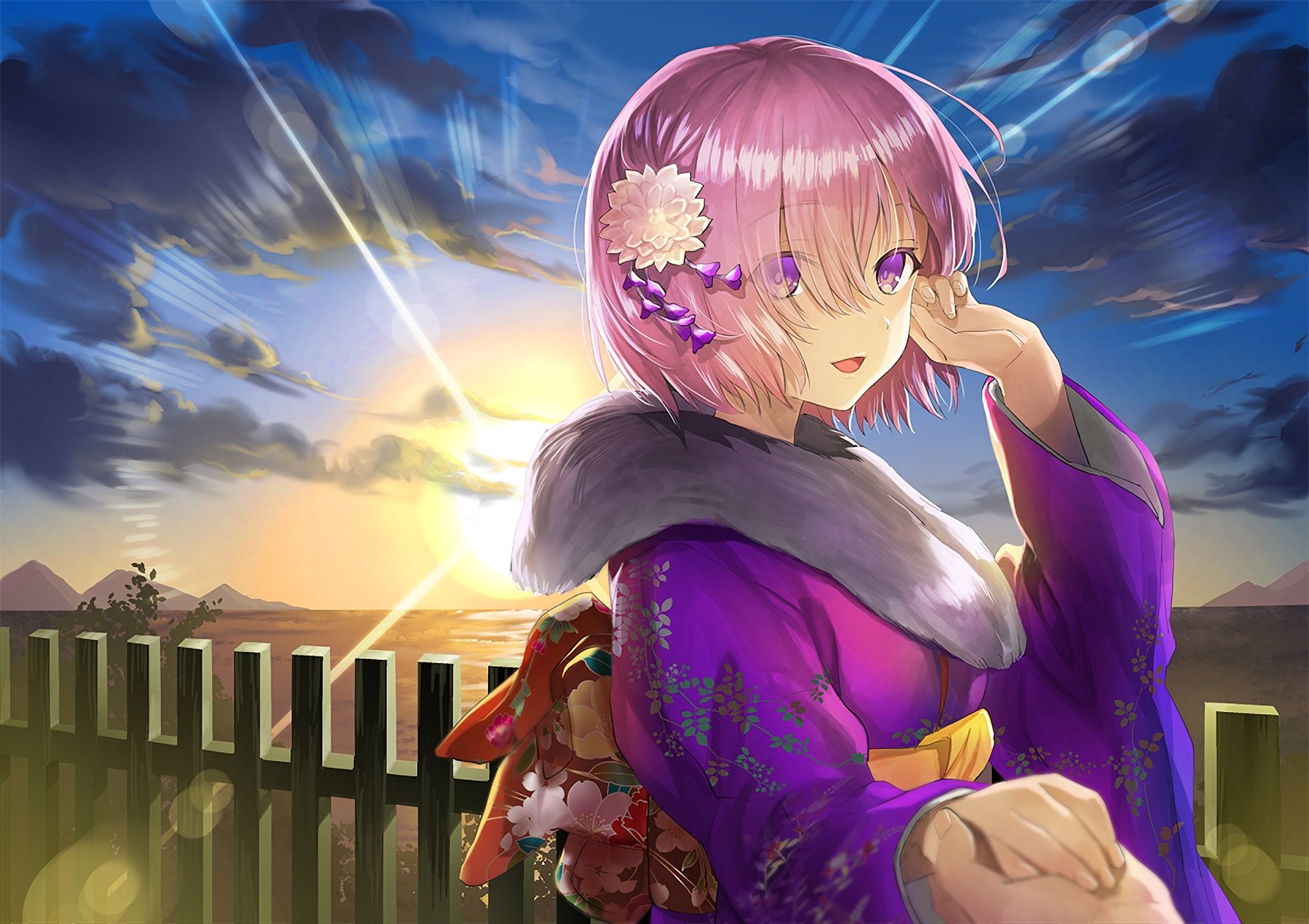 HD PC desktop wallpaper featuring Mashu Kyrielight from Fate/Grand Order, set against a vibrant sunset sky with dynamic cloud formations.