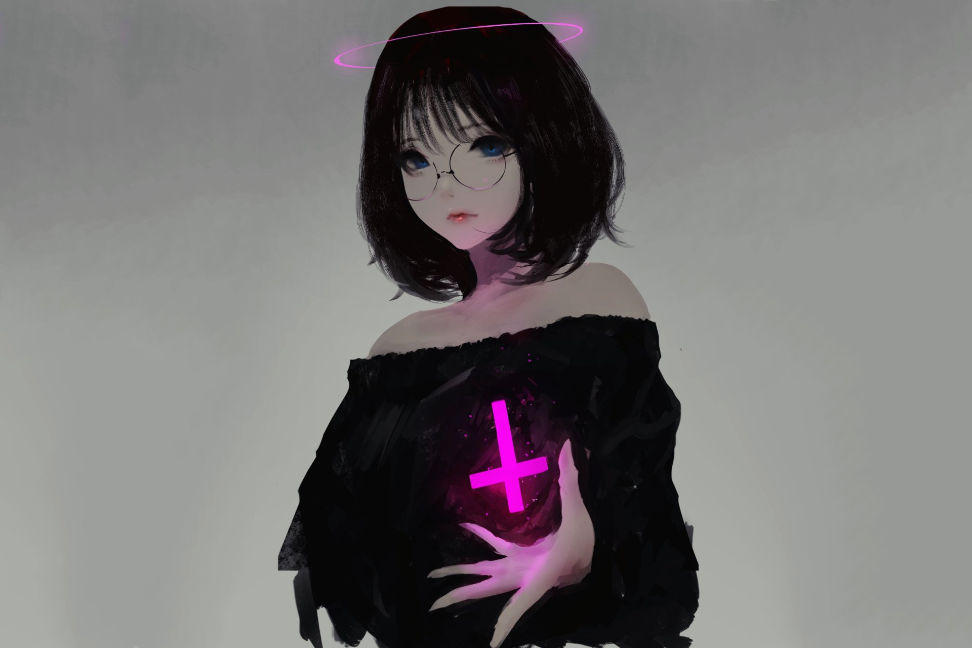 HD anime wallpaper featuring an original character with short black hair, blue eyes, and glasses, holding a glowing pink cross. She wears an off-shoulder black outfit and stands against a muted background.