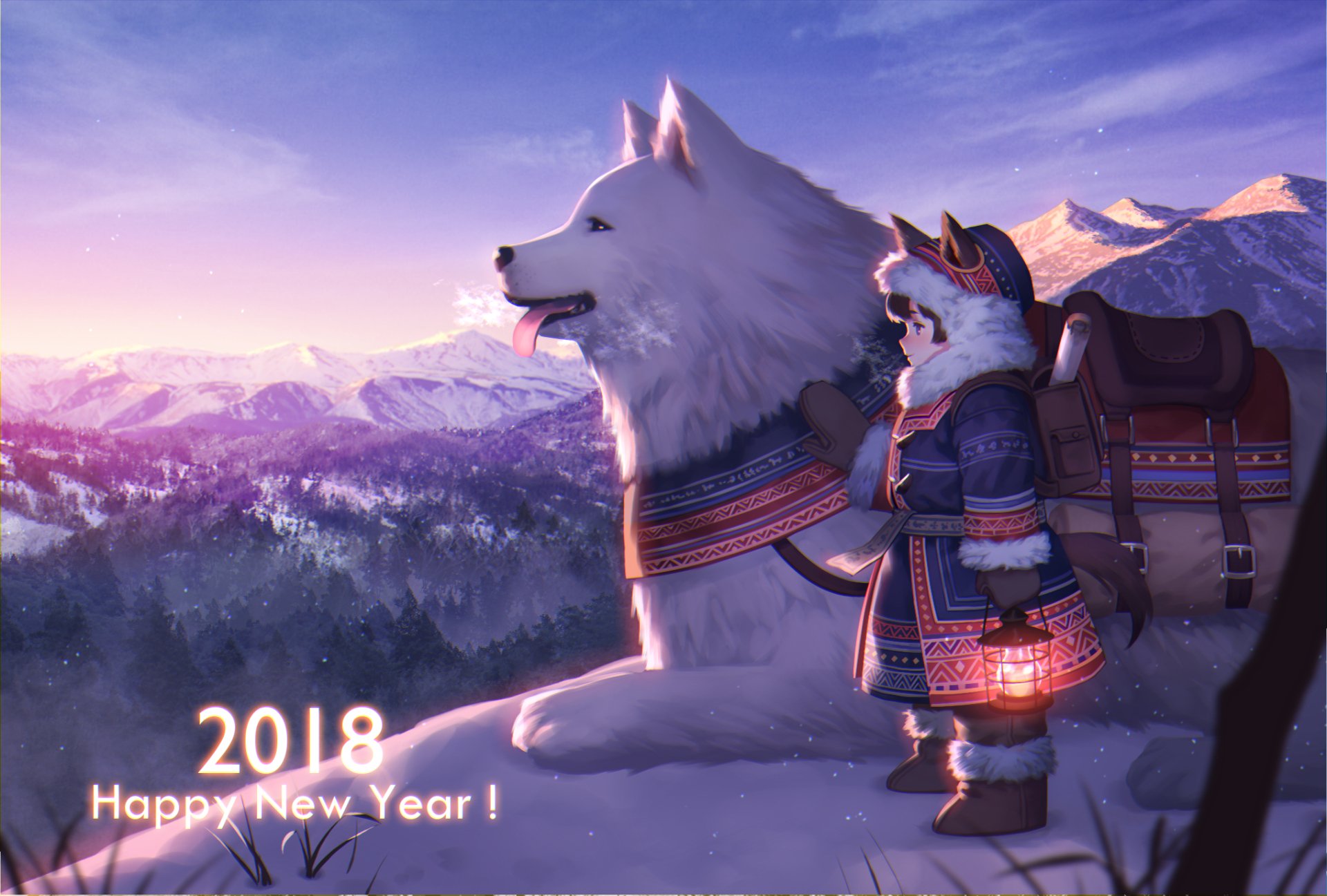 Anime-style HD wallpaper featuring a character in tribal attire next to a large white wolf, with snow-capped mountains and a sunset in the background, inscribed with 2018 Happy New Year!