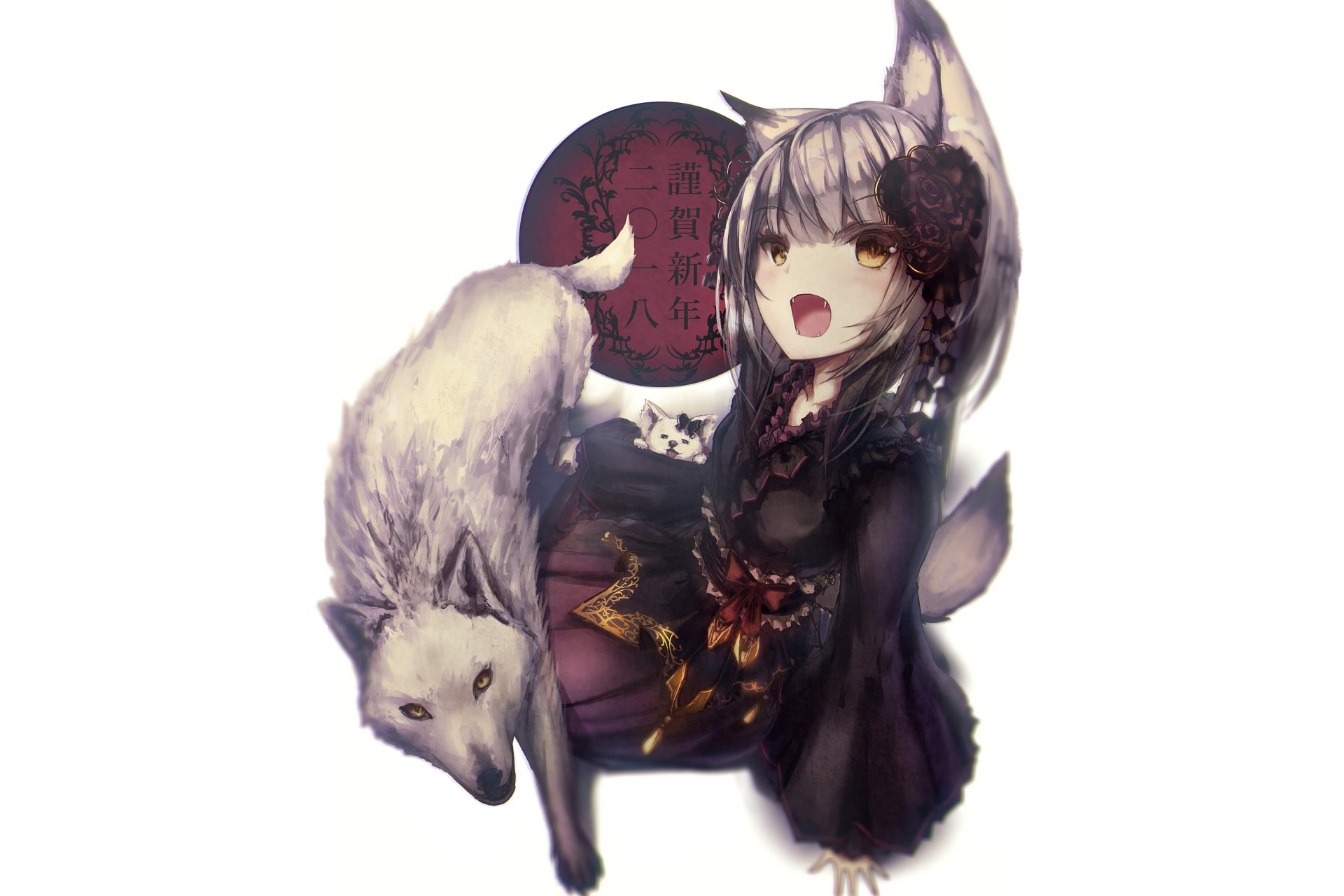 Anime-style original character with nekomimi ears, wolf companion, and fangs, dressed in Japanese clothes adorned with flowers, set against a minimalist background.