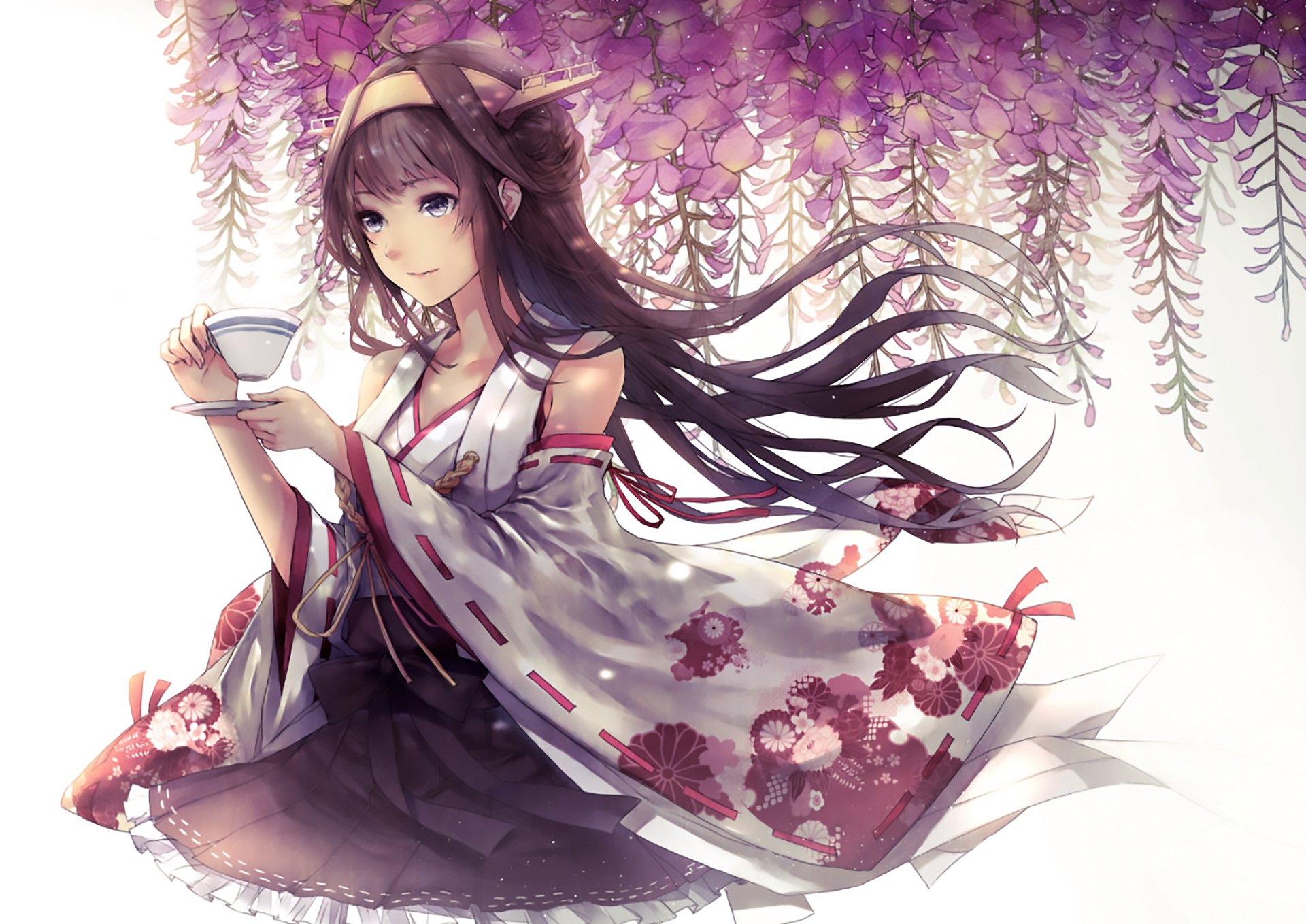 HD anime desktop wallpaper featuring Kongou from Kantai Collection, depicted with flowing dark hair and traditional attire beneath cascading purple wisteria flowers.