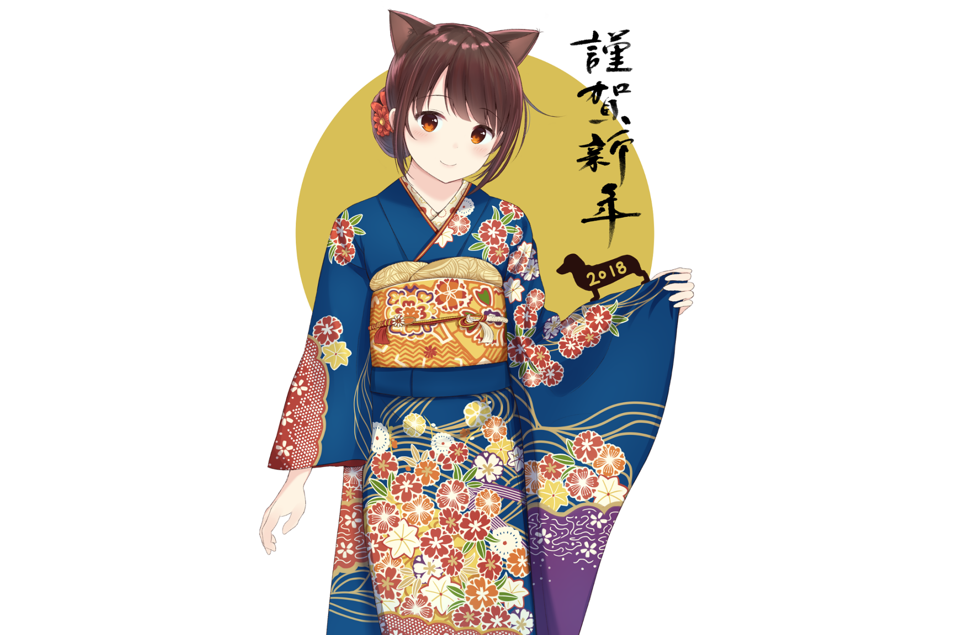 Download Kimono Brown Hair Short Hair Nekomimi Anime Original HD Wallpaper by ぶれんぼ