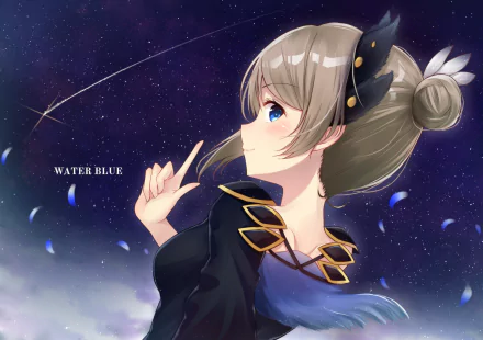 HD anime desktop wallpaper featuring You Watanabe from Love Live! Sunshine!! against a starry night sky with glowing petals and the text Water Blue.