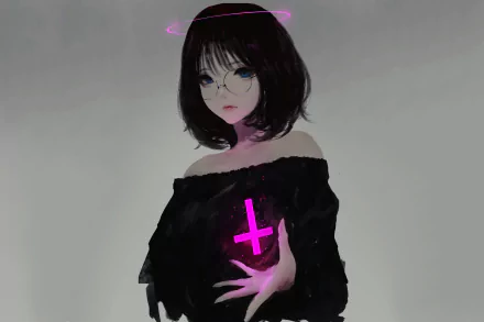 HD anime wallpaper featuring an original character with short black hair, blue eyes, and glasses, holding a glowing pink cross. She wears an off-shoulder black outfit and stands against a muted background.