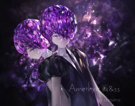 HD desktop wallpaper featuring Amethyst from the anime Land of the Lustrous. The background is a shimmering display of purples and blacks, enhancing the character's crystalline appearance.