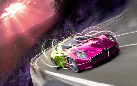 HD desktop wallpaper featuring a vibrant Alfa Romeo 8C Competizione speeding along a winding road with dynamic light trails and a dramatic sky.