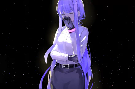 HD PC desktop wallpaper featuring Kyōko Kirigiri from the anime Danganronpa, depicted with long purple hair and a thoughtful pose against a dark, starry background.