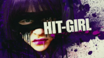HD PC desktop wallpaper of Hit-Girl (Kick-Ass) — purple-haired superhero with black eye mask and bold lipstick, grungy purple paint-splatter background.