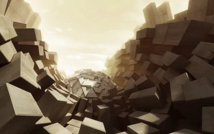 Abstract HD desktop wallpaper featuring a cool arrangement of blocks in a dynamic, chaotic layout with a warm, light-filled background.