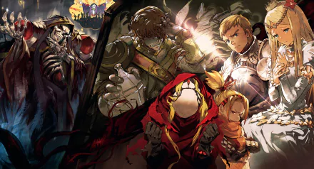 HD desktop wallpaper featuring characters from the anime Overlord, showcasing a vibrant and intense scene with a mix of armored and mystical figures in dynamic poses.