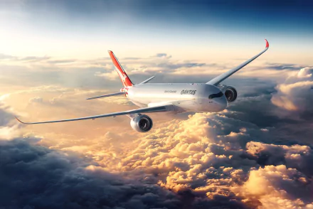 A stunning HD wallpaper featuring an Airbus passenger plane soaring through a vibrant sky filled with clouds, capturing a serene moment in flight.