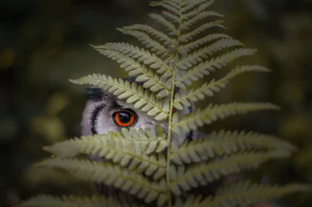 HD desktop wallpaper featuring a close-up of a fern leaf partially covering an owl's face, with its striking orange eye peeking through.