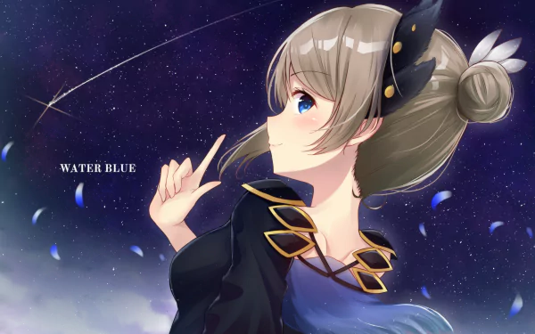 HD anime desktop wallpaper featuring You Watanabe from Love Live! Sunshine!! against a starry night sky with glowing petals and the text Water Blue.