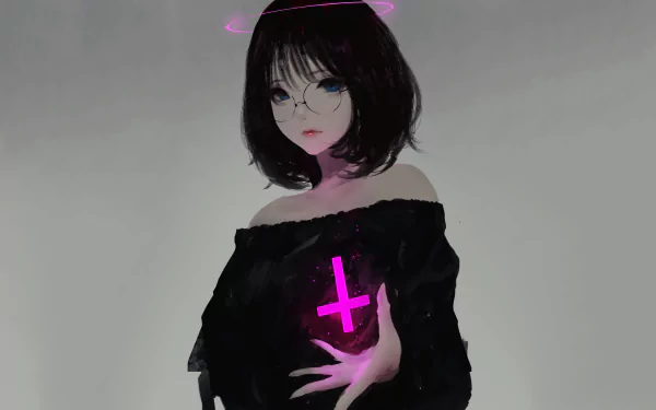 HD anime wallpaper featuring an original character with short black hair, blue eyes, and glasses, holding a glowing pink cross. She wears an off-shoulder black outfit and stands against a muted background.