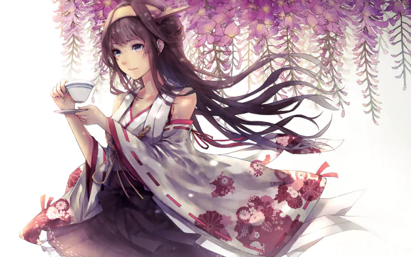 HD anime desktop wallpaper featuring Kongou from Kantai Collection, depicted with flowing dark hair and traditional attire beneath cascading purple wisteria flowers.