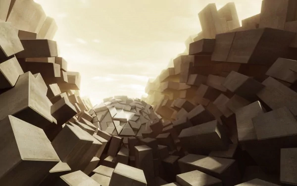 Abstract HD desktop wallpaper featuring a cool arrangement of blocks in a dynamic, chaotic layout with a warm, light-filled background.