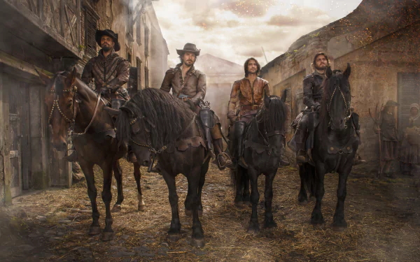 4K Ultra HD PC desktop wallpaper: four musketeers from the TV show The Musketeers ride through a foggy, cobbled village street, cloaks and swords raised.