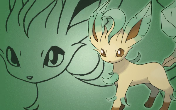 HD PC desktop wallpaper featuring Leafeon, the leaf-themed Eeveelution from Pokémon, with an anime-style illustration in soft green tones.