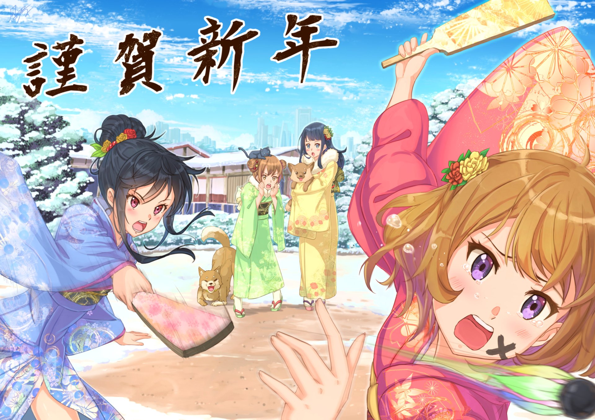 HD PC desktop wallpaper — original anime winter scene: girls in colorful Japanese kimonos play in snow with a dog; brown-haired ribboned girl with purple eyes and a red-eyed companion.