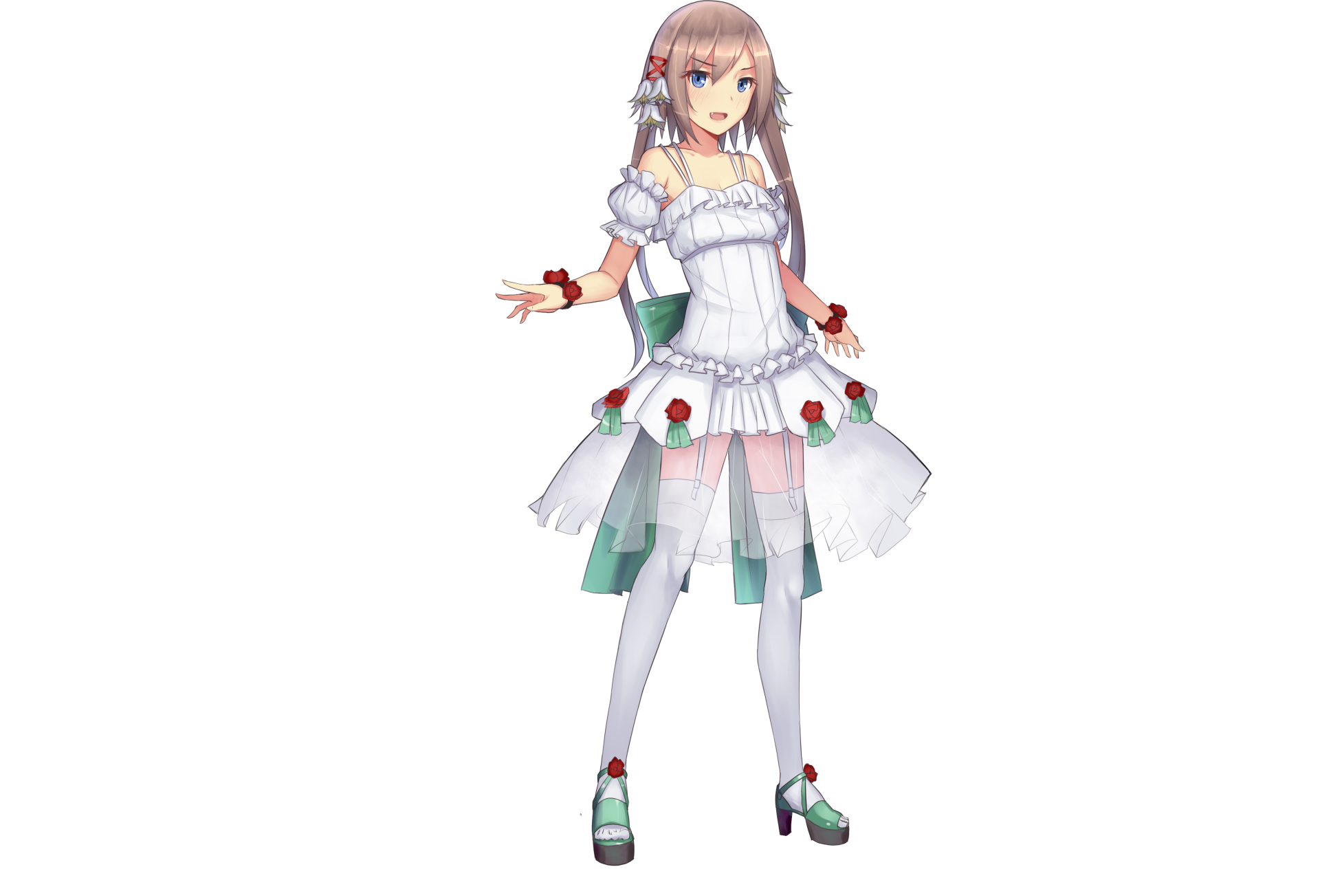 Anime original character with brown hair and blue eyes wearing a white dress and thigh highs, rendered in 4K Ultra HD for PC desktop wallpaper.