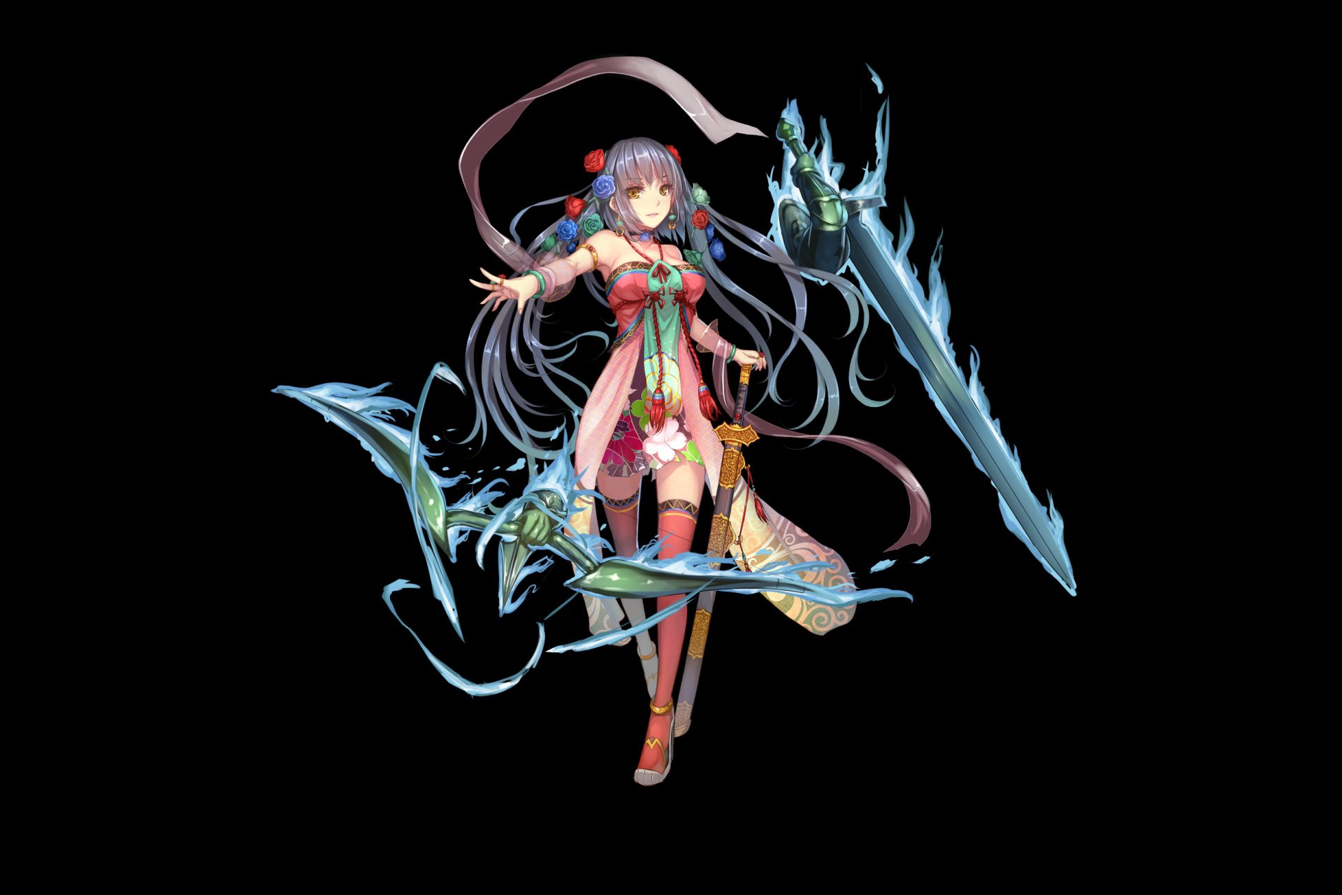 HD PC desktop wallpaper and background: original anime character with long blue hair in a dress and thigh-highs, wielding an ornate glowing blue sword.