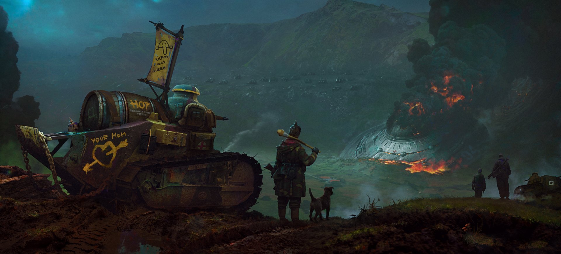 A sci-fi HD PC desktop wallpaper showing a soldier and dog near a tank amid smoke, with a burning UFO crash site in the background.