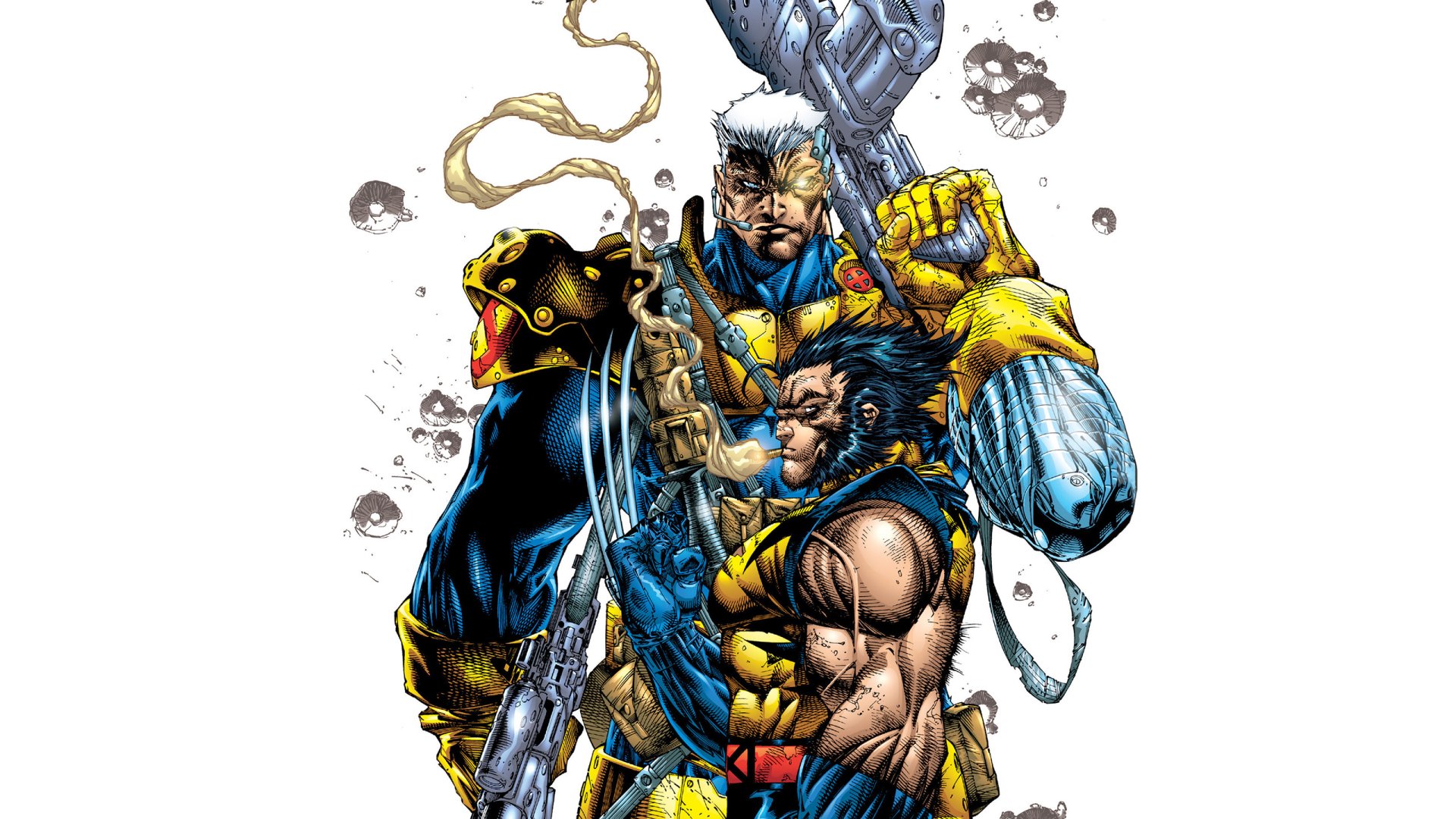 HD desktop wallpaper featuring Wolverine and Cable from Marvel Comics' X-Men, depicted in dynamic comic book style with bold colors and detailed artwork.