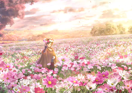 Anime HD wallpaper featuring a serene scene with flowers, sunlight filtering through trees, and an original character standing in a blooming meadow.