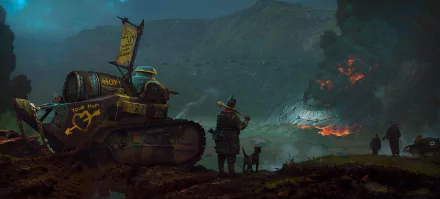 A sci-fi HD PC desktop wallpaper showing a soldier and dog near a tank amid smoke, with a burning UFO crash site in the background.