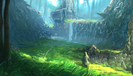 A fantasy landscape with a towering building beside a cascading waterfall, surrounded by lush greenery and illuminated by soft, mystical light. HD PC desktop wallpaper.