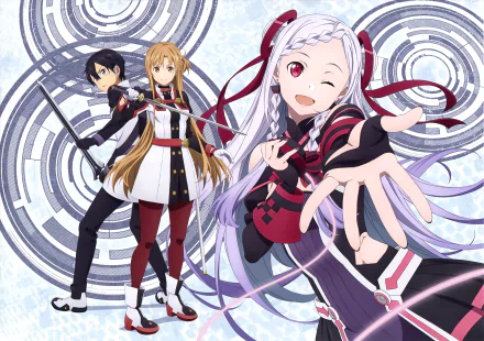 HD desktop wallpaper featuring Yuna, Kirito (Kazuto Kirigaya), and Asuna Yuuki from the anime Sword Art Online Movie: Ordinal Scale in dynamic poses.