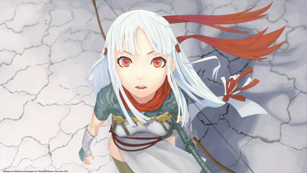 HD PC desktop wallpaper: original fantasy anime of a white-haired archer girl with red eyes and flowing ribbons, seen from above on cracked ground.