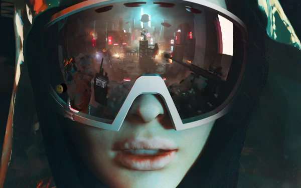 Close-up of a person wearing reflective goggles showcasing a dystopian cityscape, featured as a 4K Ultra HD PC desktop wallpaper from the video game Homefront: The Revolution.
