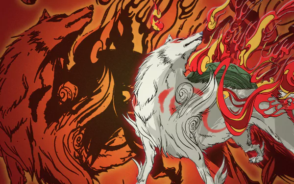HD PC desktop wallpaper featuring vibrant artwork from the video game Ōkami, showcasing a white wolf with red markings surrounded by fiery, brushstroke-style flames.