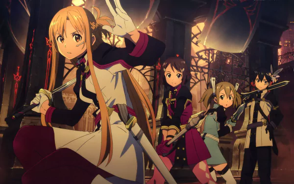 4K Ultra HD PC desktop wallpaper from Sword Art Online Movie: Ordinal Scale — Asuna and fellow players ready their swords in a dramatic, torchlit urban battle scene.