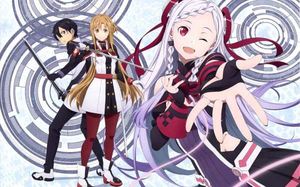 HD desktop wallpaper featuring Yuna, Kirito (Kazuto Kirigaya), and Asuna Yuuki from the anime Sword Art Online Movie: Ordinal Scale in dynamic poses.