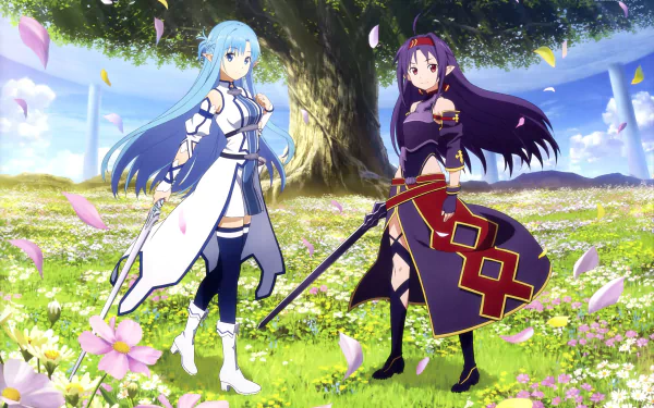 HD anime wallpaper featuring Asuna Yuuki and Yuuki Konno from Sword Art Online, standing in a vibrant meadow with floating petals and a large tree in the background.