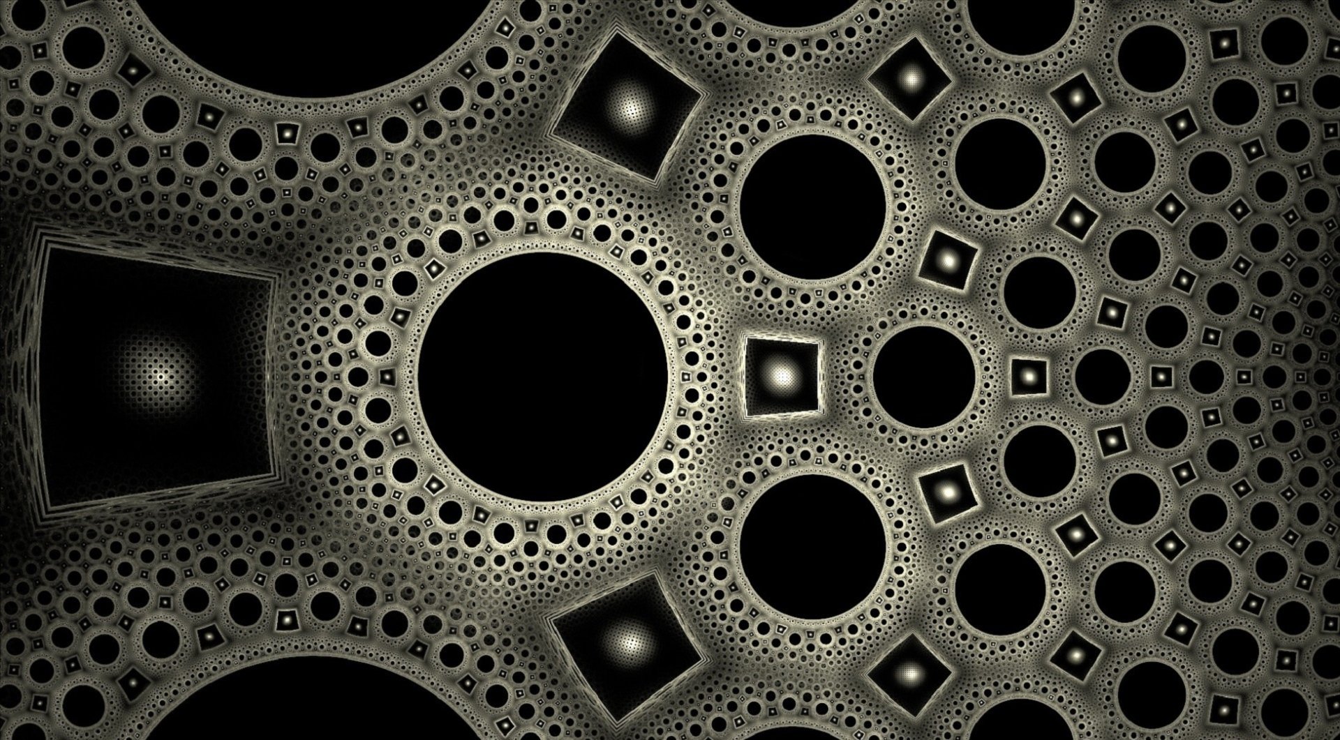 Monochrome abstract fractal of nested perforated circles and squares forming a tunnel-like pattern, HD PC desktop wallpaper/background.