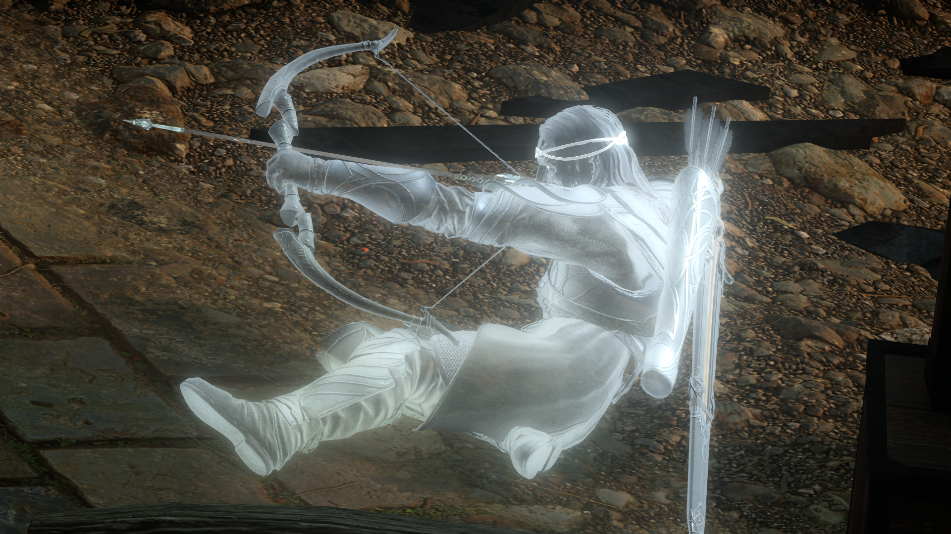 Ethereal white archer midair drawing a bow, ghostly ranger from the video game Middle-earth: Shadow of War — HD PC desktop wallpaper/background with rocky ground below.