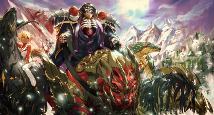 HD desktop wallpaper featuring an elaborate scene from Overlord, with anime characters in a mountainous landscape.