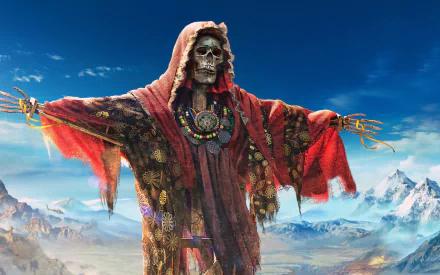 HD PC desktop wallpaper from the video game Tom Clancy’s Ghost Recon Wildlands, featuring a skeletal figure in a red hooded cloak against a mountainous landscape.