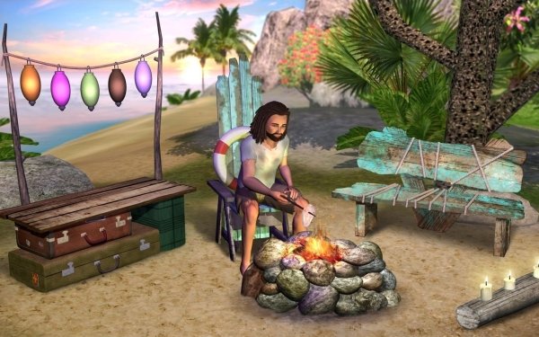 Video Game The Sims 2 The Sims Island Sea Fire Candle Lantern Bench Palm Tree HD Wallpaper | Background Image