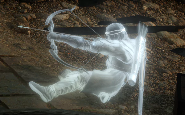 Ethereal white archer midair drawing a bow, ghostly ranger from the video game Middle-earth: Shadow of War — HD PC desktop wallpaper/background with rocky ground below.