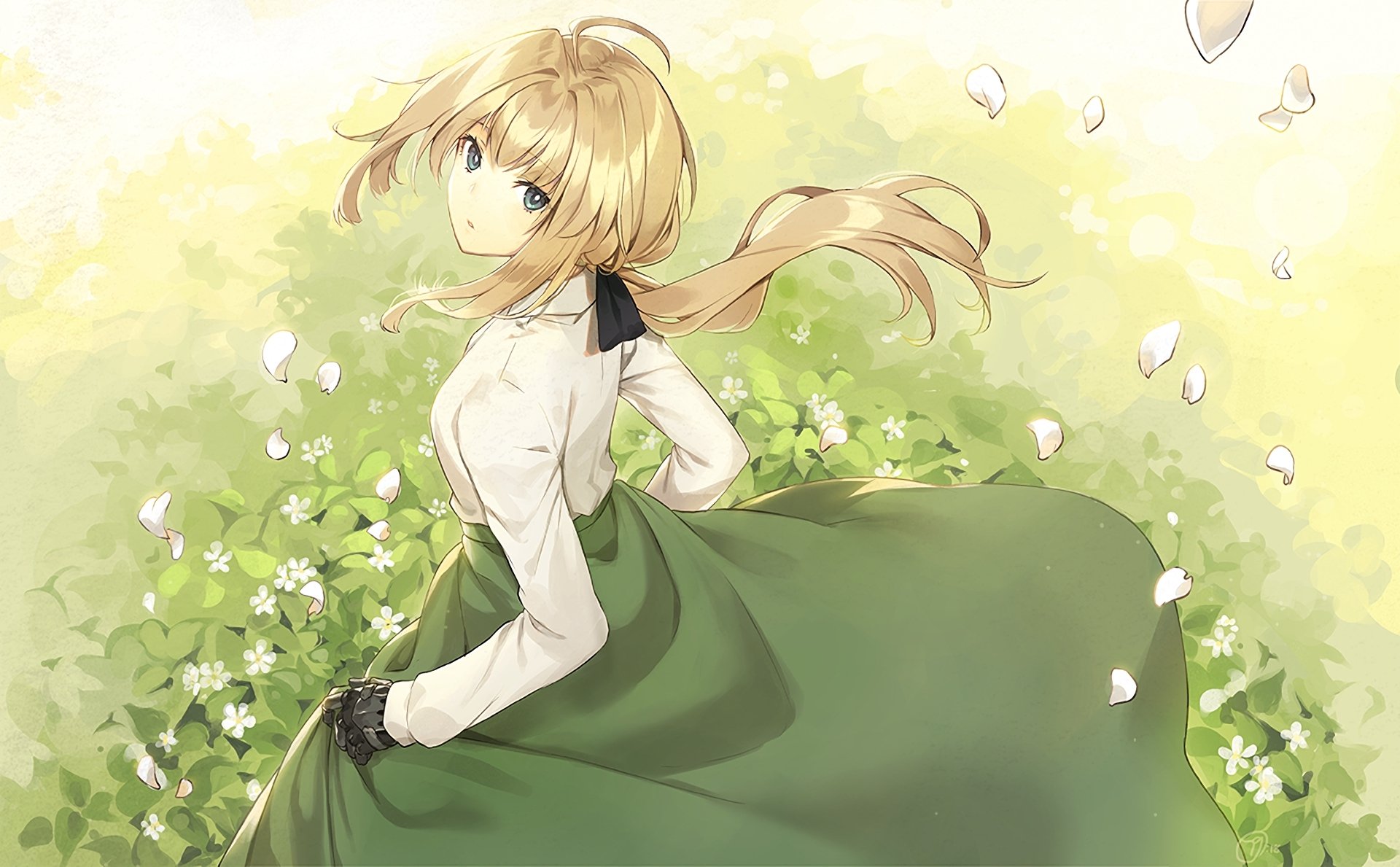 HD desktop wallpaper featuring Violet Evergarden, an anime character, in a green skirt and white blouse, standing amid lush greenery with soft sunlight and falling flower petals.