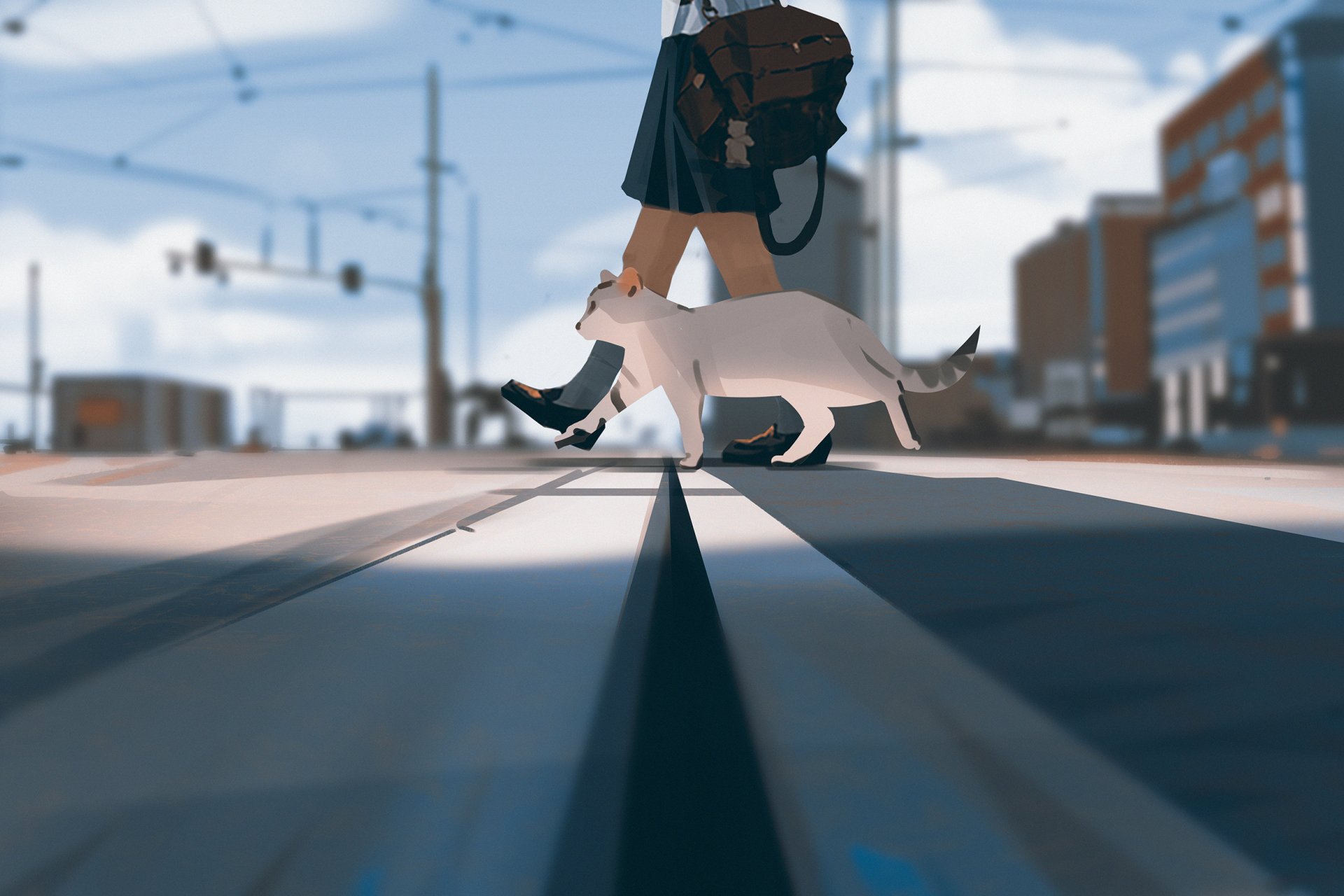 HD anime-style original PC desktop wallpaper featuring a person walking across a street with a white cat at their feet in an urban setting.
