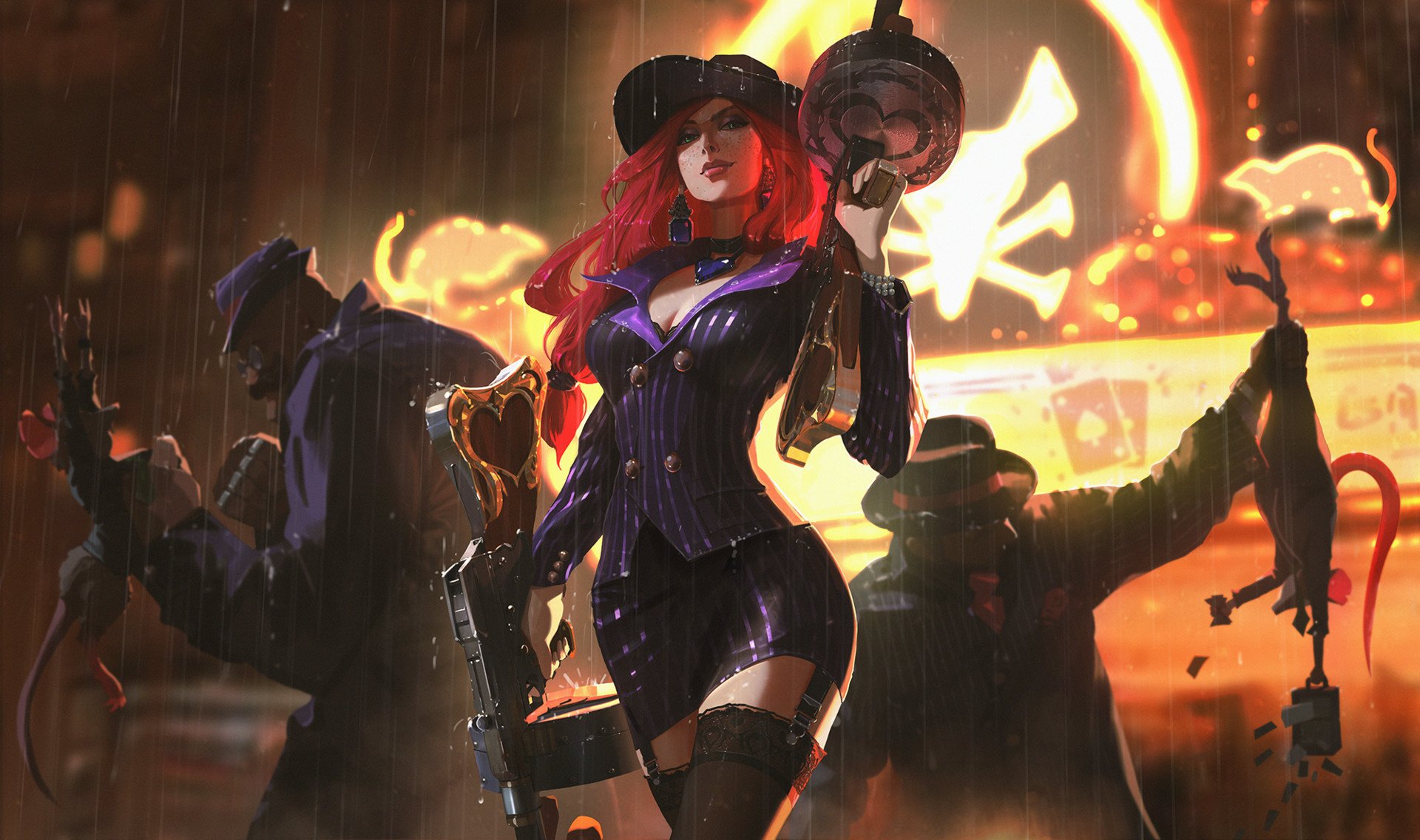 HD desktop wallpaper featuring Miss Fortune from League of Legends, set against a fiery background with shadowy figures and a pirate flag emblem.